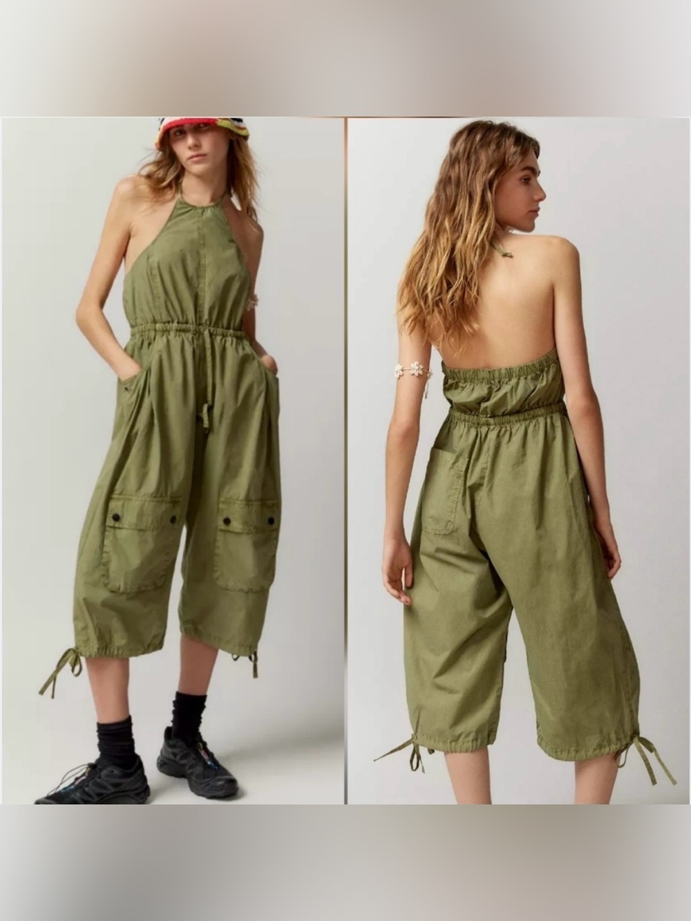 UO, BDG Frankie Olive Cropped Utility Cargo Balloon Leg Jumpsuit Size Medium